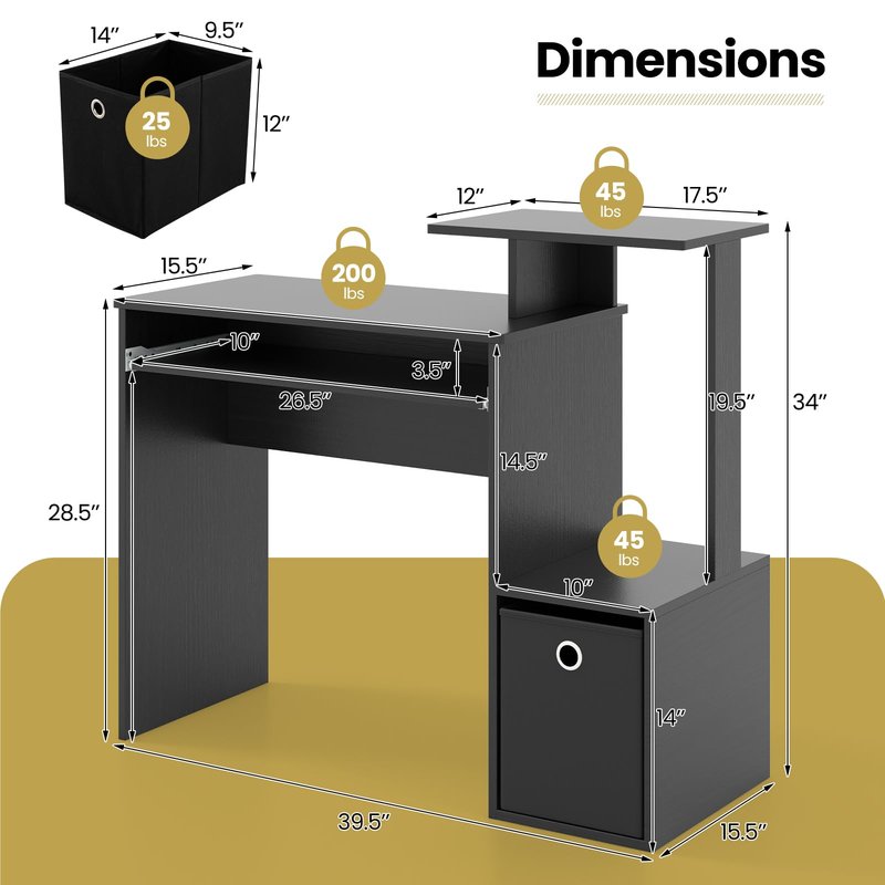 Tangkula Computer Desk with Fabric Drawer & Keyboard Tray, Space-Saving Study Writing Desk with Open Storage Shelves & Printer Stand, Modern Home Office Computer Workstation for Small Spaces (Black)