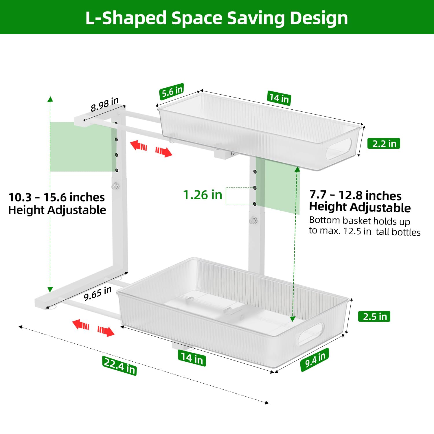 NRCUWI 2 Pack Under Sink Organizer, Pull Out Cabinet Organizer 2 Tier Slide Out, Under Sink Organizers and Storage Height Adjustable for Kitchen Bathroom Cabinet, Metal