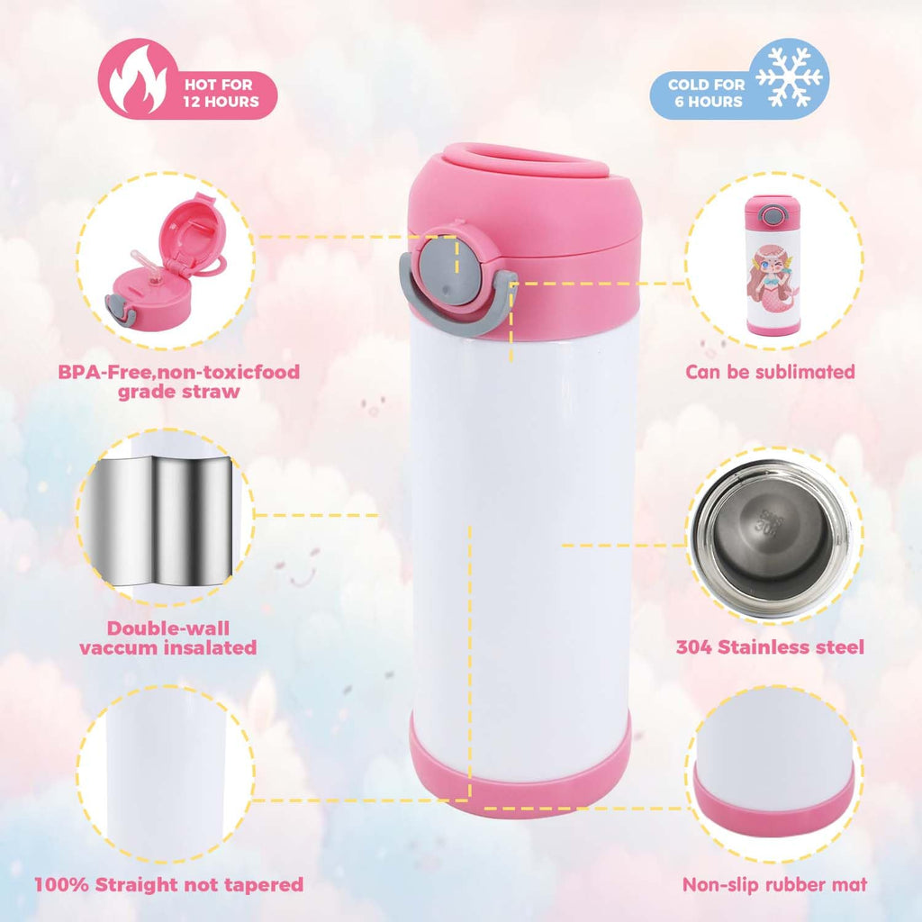 HIZEE 12 oz 6 Pack Sublimation Tumbler Straw Sippy Cup Blank with Straw and Lid,Mixed coloer Spill Proof Stainless Steel Thermos Water Bottles for School