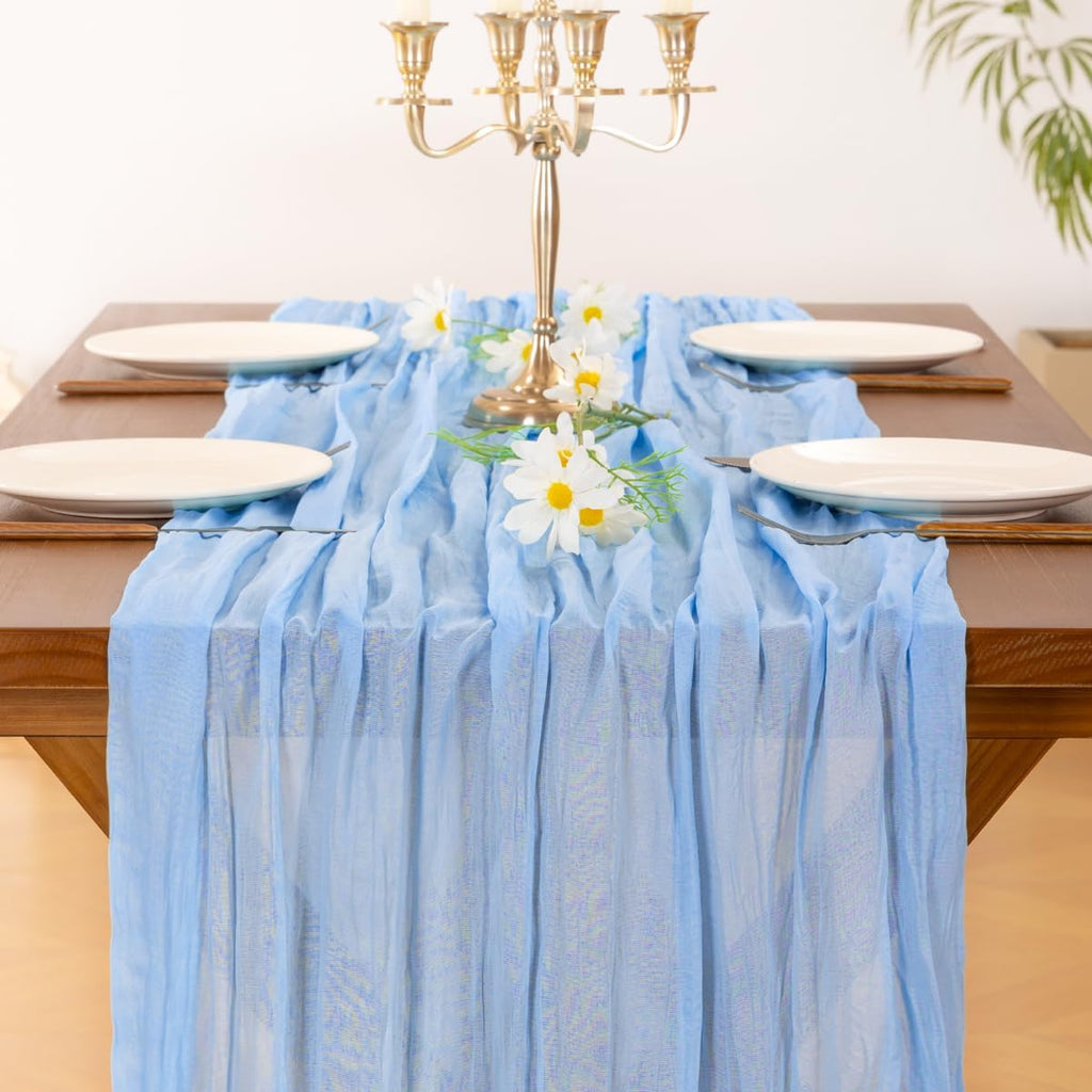 Socomi Blue Cheesecloth Table Runner - Light Blue Boho Rustic Design | 120 Inch for Weddings & Events
