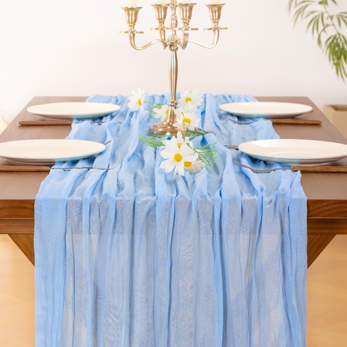 Socomi Blue Cheesecloth Table Runner - Light Blue Boho Rustic Design | 120 Inch for Weddings & Events