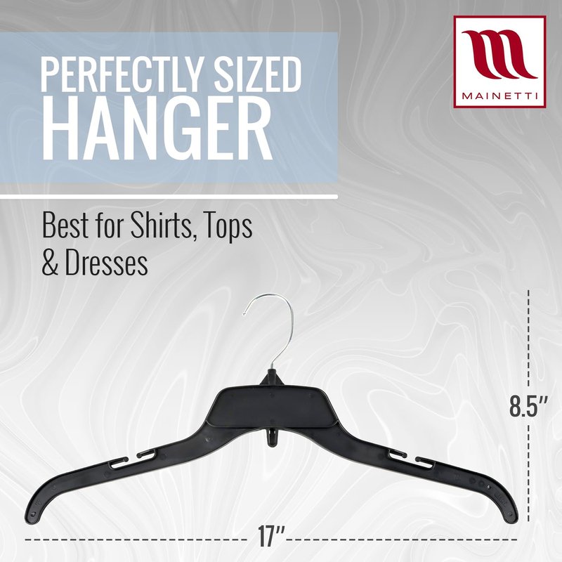 Mainetti Black Recycled Plastic Clothes Hangers 100 Pack | 17-Inch Space Saving Hangers with Rotating Metal Hook & Notches for Straps | Closet Hangers Ideal for Shirts, Tops and Dresses (484BRSEMN100)