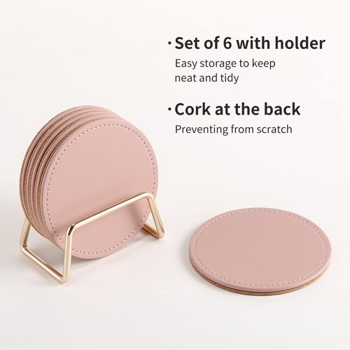CASEGRACE Drink Coasters with Metal Holder Stand Set of 6, PU Leather Absorbent Coasters with Cork Base Table Coaster Set Decorative Coffee Cup Coasters Housewarming Gift for Home Decor