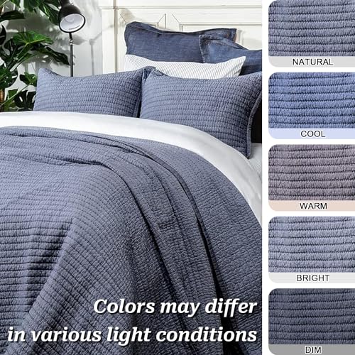 Cotton Chambray Standard Pillow Sham - Blue Channel Stitched Cover