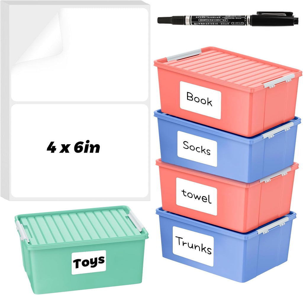 Skiennix 100 Pcs Storage Bin Labels - 6 x 4 Inch Tear-Resistant Adhesive Stickers with Marker