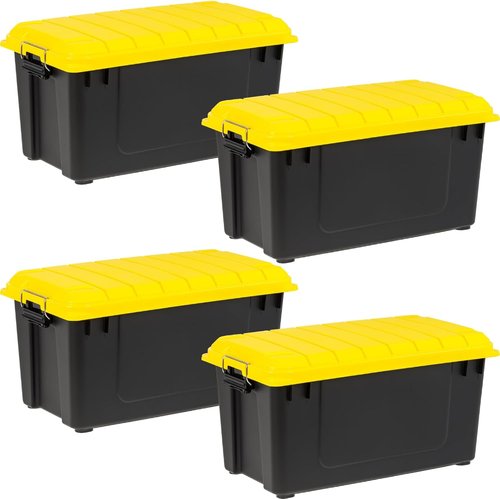 IRIS USA WeatherPro 21 Gallon Lockable Storage Bins - Heavy Duty, Stackable Utility Boxes, 4 Pack - Black/Yellow