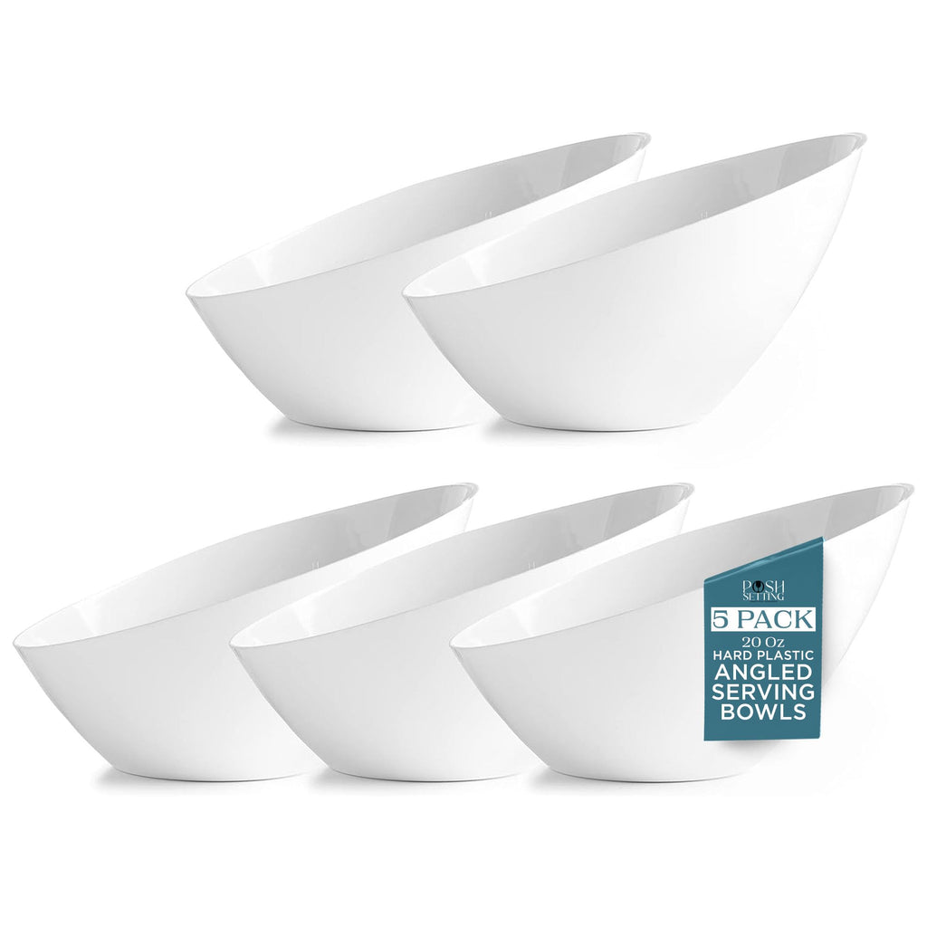 Posh Setting - White Plastic Serving Bowls for Party Angled Bowls Disposable Chip Bowls Candy Bowls for Party Table Salad and Fruit Bowls for Party Wedding Serving Bowls-White, 20 OZ, 5 Pack