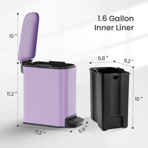 Cesun Stainless Steel Small Bathroom Trash Can - Soft Close Lid, 6 Liter Capacity, Anti-Fingerprint Finish | Purple