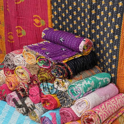 Handmade Reversible Kantha Quilt - Vintage Cotton Throw Blanket