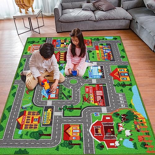 City Road Map Play Rug for Kids - 59 x 39.4 Inch Non-Slip Playmat
