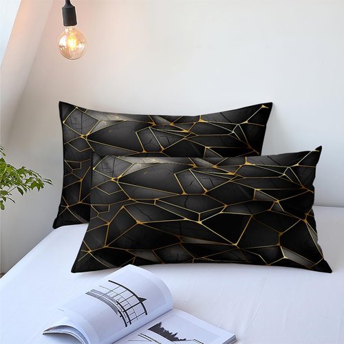 CCoutueChen Black Gold Geometric Comforter Set King Size Golden Metallic Foil Bedding Set Triangles Marble Print Comforter for Men Teens Boys 3Pcs Soft Summer Lightweight Bed Set