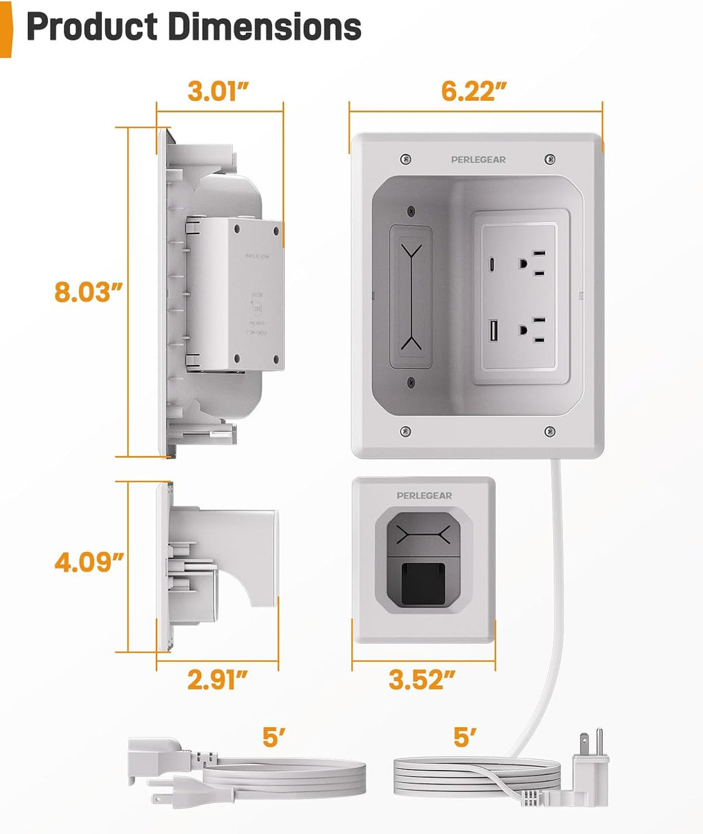 Perlegear In-Wall Cable Management Kit - USB & Type C Ports for Wall-Mounted TVs | Includes Drill Templates & Dust Bags