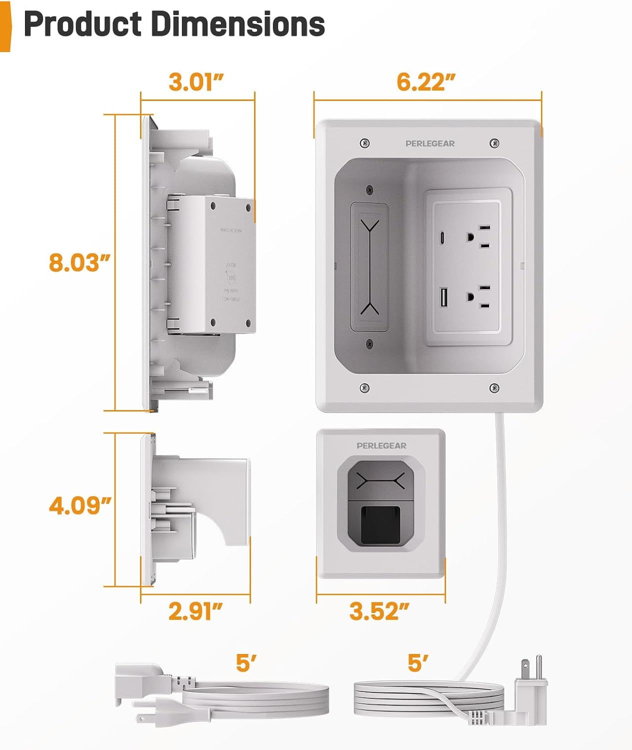 Perlegear In-Wall Cable Management Kit - USB & Type C Ports for Wall-Mounted TVs | Includes Drill Templates & Dust Bags