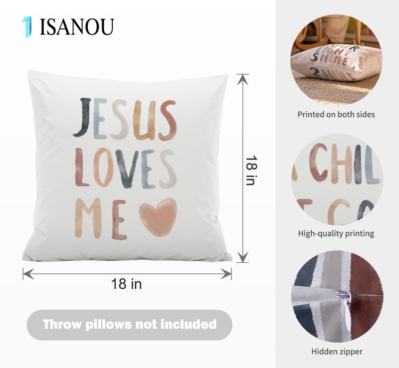 ISANOU Jesus Loves Me Throw Pillow Covers, Sun Decorate Pillow Covers for Nursery Baby Room Kids Room,Inspirational Bible Verses 18x18 Inch Pillowcase Set of 4