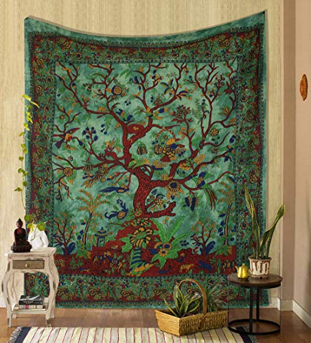 Green Tree of Life Tapestry Wall Hanging - 100% Cotton (85x90 Inch)