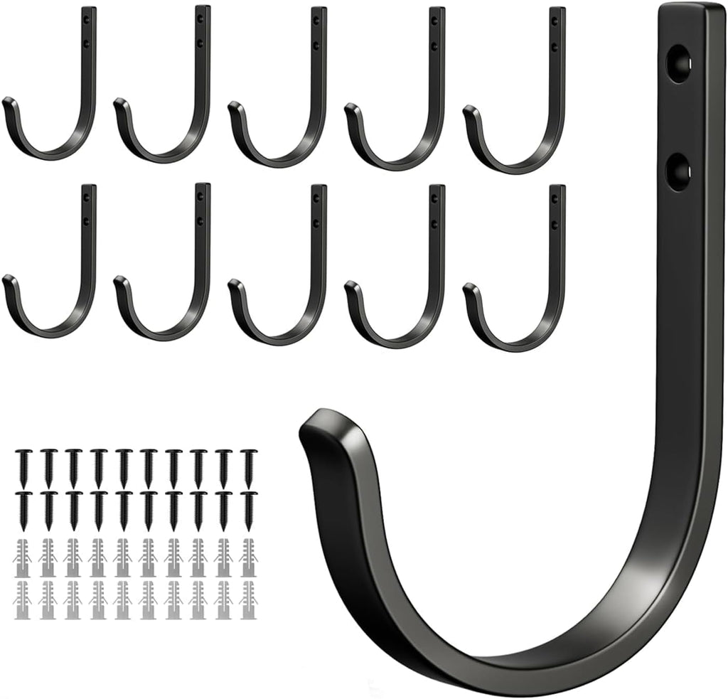 Niffgaff 10-Pack Outdoor Wall Hooks - 30LB Metal Hangers for Coats, Towels, and Hats | Black