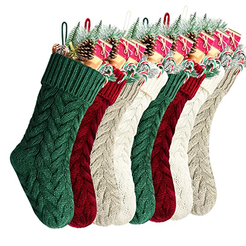8 Pack 18 Inch Burgundy, Ivory, Green & Khaki Cable Knitted Christmas Stockings