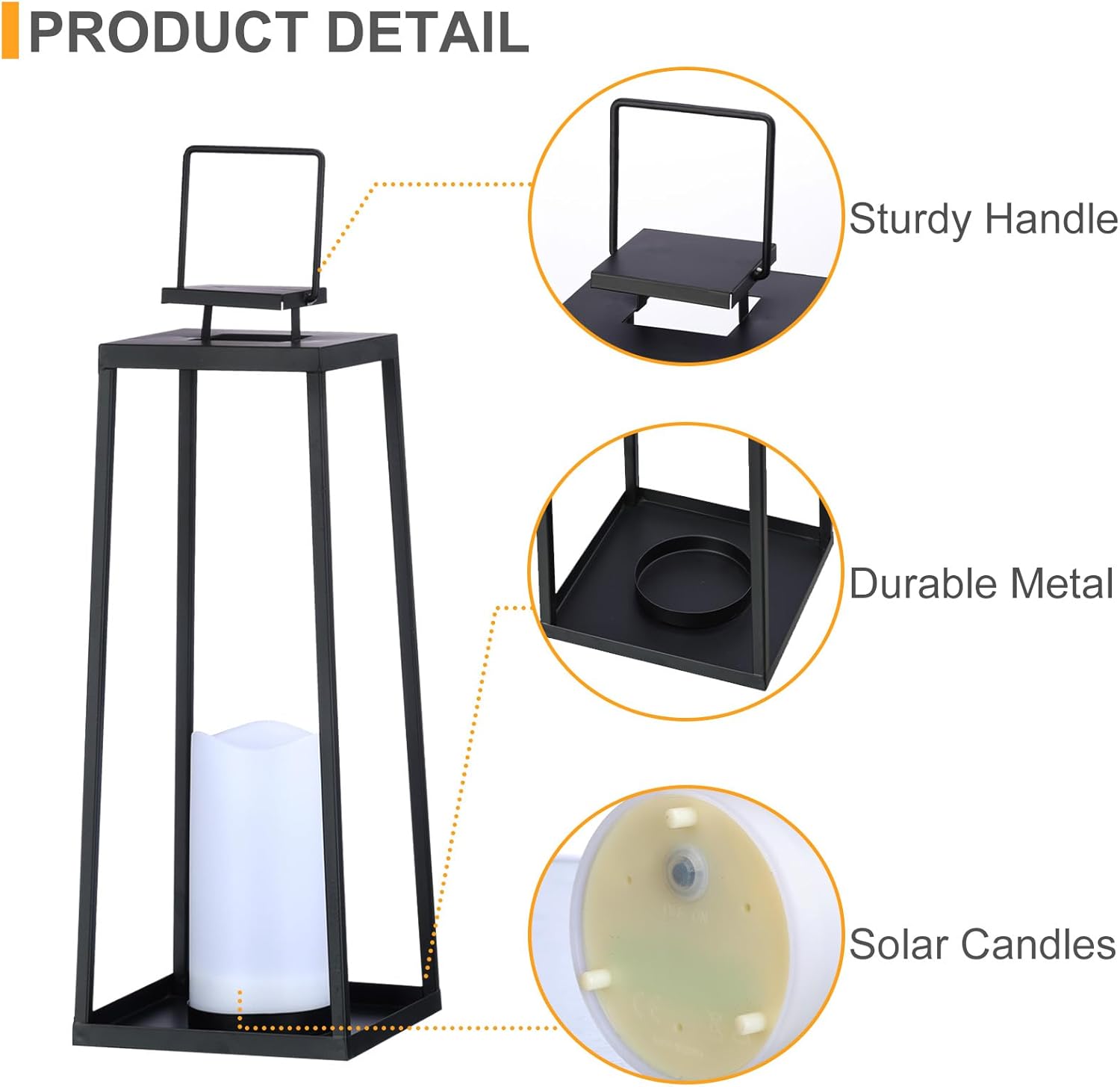 Skiennix Solar Lanterns - Decorative Outdoor Set of 2 | Modern Black Metal with Solar Candles (18’’ & 15’’)