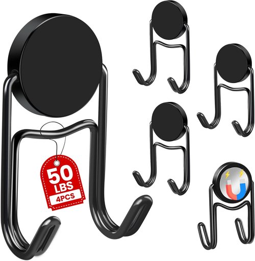 Buelkmag Magnetic Hooks - Heavy Duty 50Lbs+ Magnet Hooks for Outdoor Use | 4 Pack (Black)