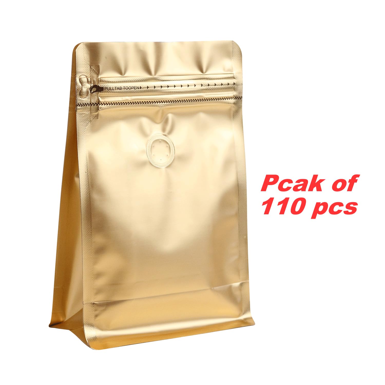 BAAGGNAA 110 Pack High Barrier Stand-Up Coffee Bean Bags with Vented Valve, Matte Metallic, Heat-Sealable and Resealable Solid Color Pouches for Food Storage (5.3 * 10.4 inch,1 lb,16 oz,Golden)