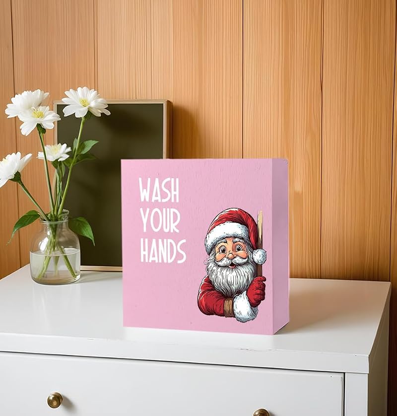 Funny Christmas Santa Bathroom Wood Box Sign – B Sign, 5x5 Pink