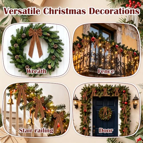 Brown Velvet Christmas Bows 5x10 Inch Holiday Tree Decorations - Set of 12