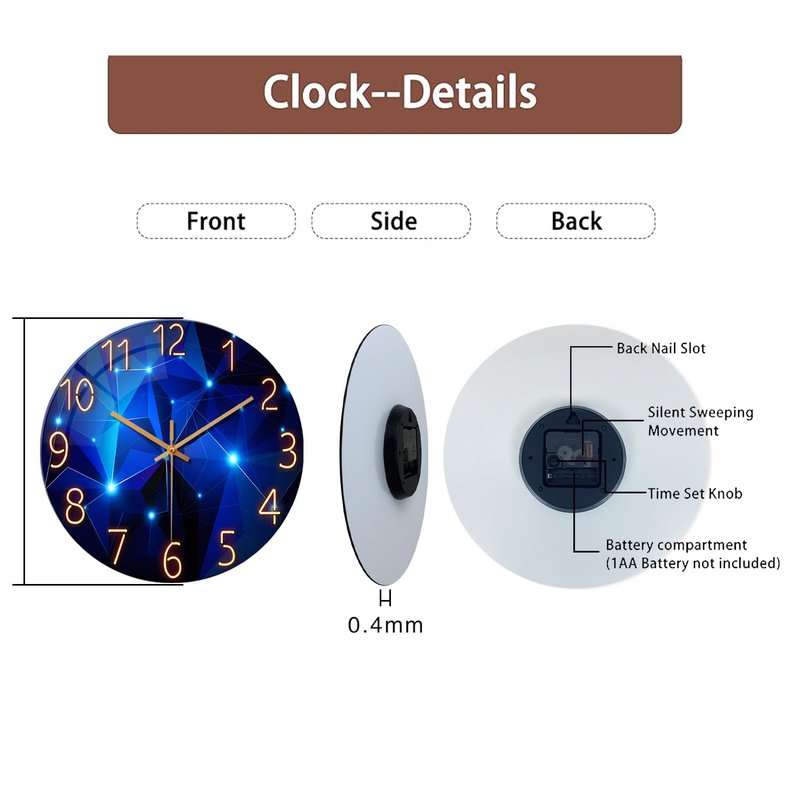 Constantplanet Blue Wall Clock Battery Operated 16 Inch Analog Glass Wall Clock Non Ticking Large Wall Clocks for Living Room Decor