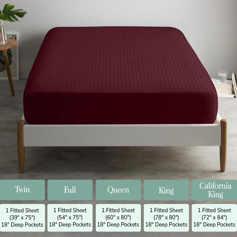 Feather & Stitch 1 Piece Fitted Sheet Full Size, 100% Cotton Damask Sateen Weave, Striped Breathable, Stretchable Elastic Sheet for Mattress 18 inch Deep Pocket, 500TC Premium Ultra Soft - Burgundy