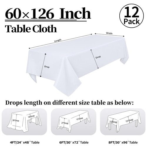 RestfulGlow 12 Pack White Tablecloth 60 x 126 Inch Rectangular Table Cloth for 8 Foot Rectangle Tables, Wrinkle Resistant Washable Fabric Polyester Table Covers for Wedding Party Banquet Buffet