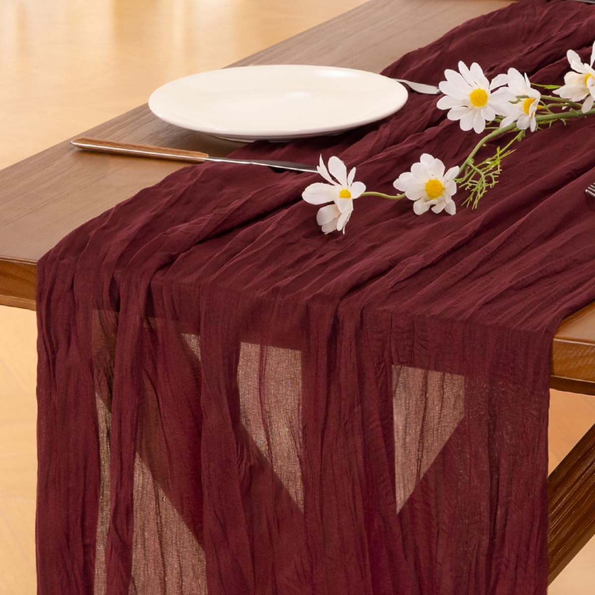 **Socomi Burgundy Red Cheesecloth Table Runner - 120 Inch Boho Rustic Sheer Decor for Weddings & Events**