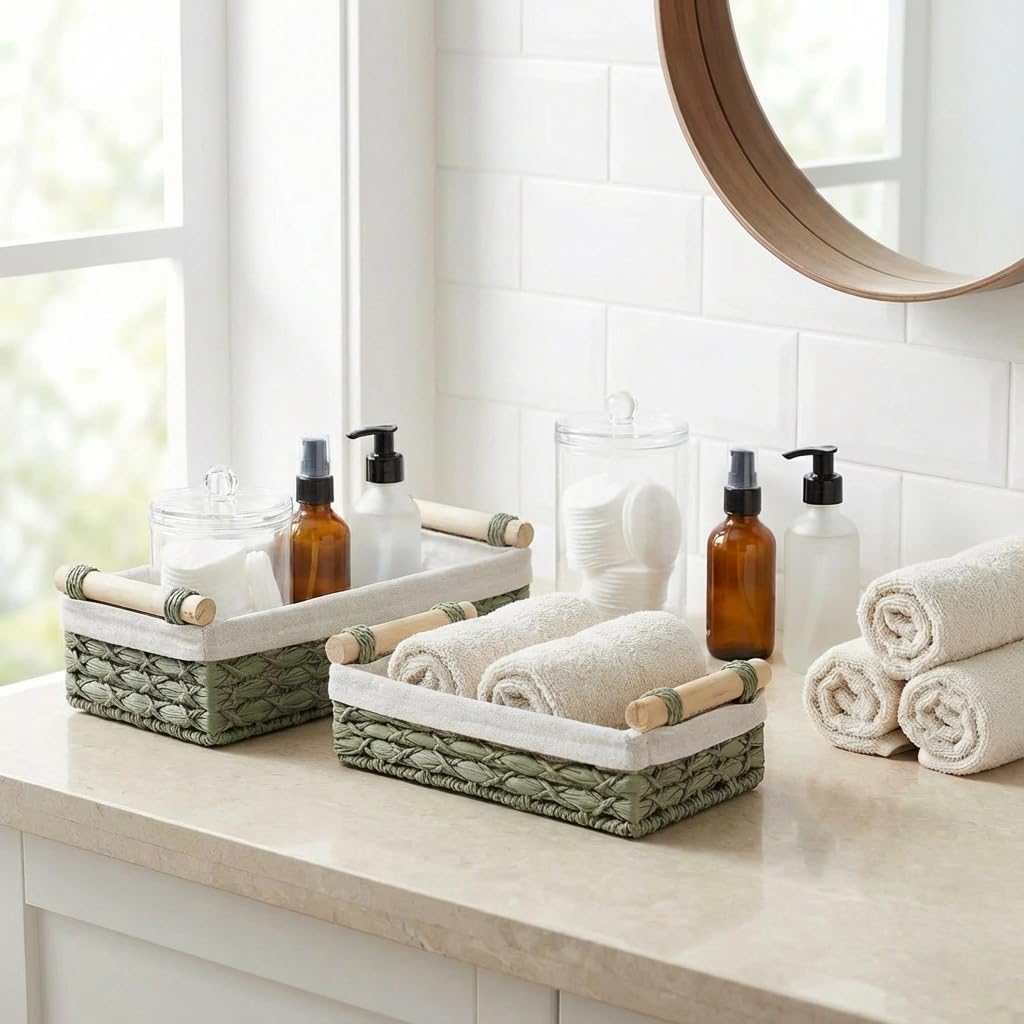 Regine Switzerland Set of 2 Green Bathroom Basket Organizers - Wicker Storage Baskets with Liner & Wooden Handles for Towels & Toiletries