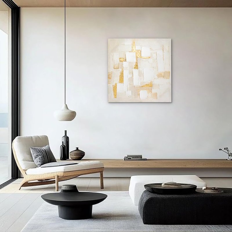 Briful Neutral Abstract Wall Art for Living Room, Textured White and Gold Canvas Wall Decor, Modern Minimalist Square Wall Art for Bedroom, Entryway, Office, Ready to Hang, 23.6" x 23.6"