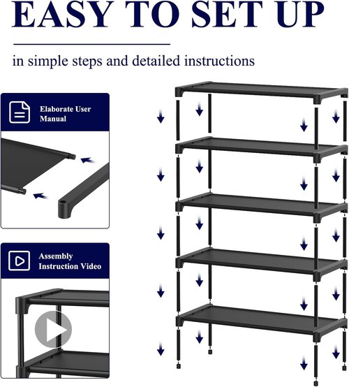 Kitsure Shoe Rack - Stackable Non-Woven Shoe Organizer for Closet & Entryway | 5-Tier, 27.5" Wide, Black