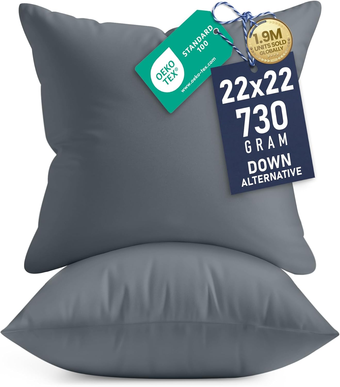 Utopia Bedding 22x22 Pillow Inserts - Set of 2 Grey Decorative Cushions for Sofa & Bed - Soft & Supportive