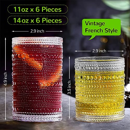 Vintage Hobnail Drinking Glasses Set of 12, 11oz and 14oz Retro Glassware
