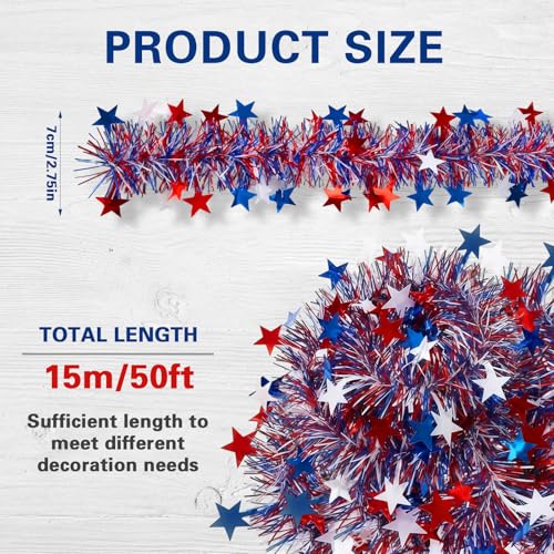 50ft Patriotic Tinsel Garland - Red White & Blue Metallic Star Decor