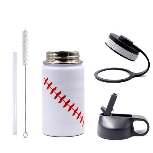12 oz Baseball Water Bottle, Sports Flask Metal Travel Tumbler with 2 Lids, Stainless Steel Double Wall Vacuum Insulated Leak Proof Thermo Water Bottles, Baseball Accessories Gifts for Mom Boys Girls