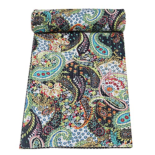 Reversible Kantha Quilt - Handmade Cotton Blanket, 90x108