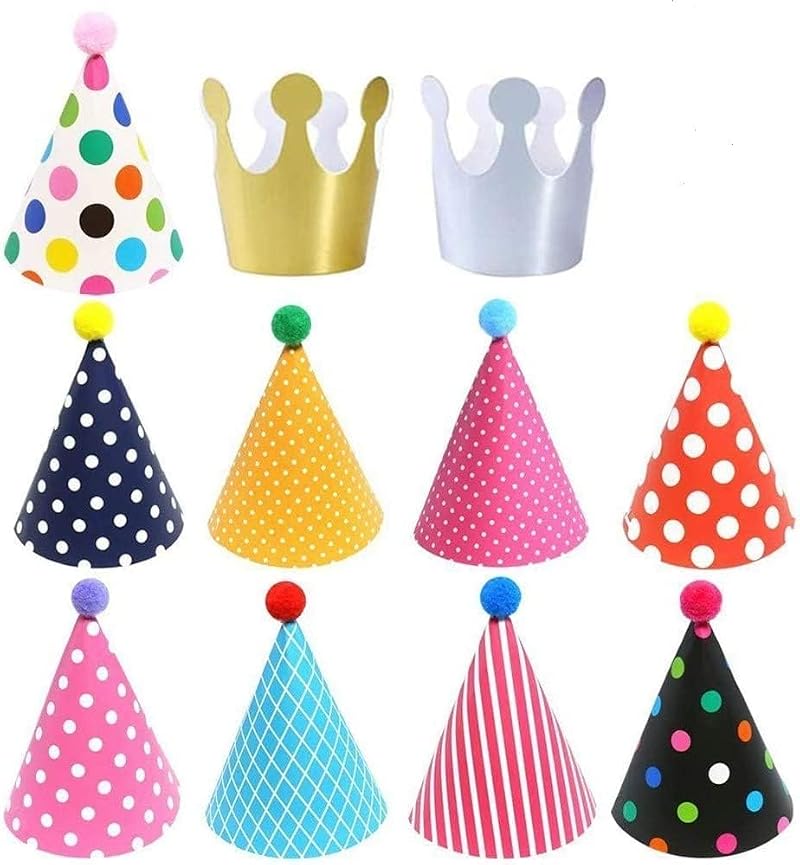 11PCS Birthday Party Cone Hats with Pom Poms - Kids & Adults