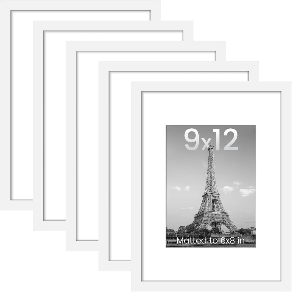 Upsimples 9x12 Picture Frame Set of 5 - Display 6x8 Photos with Mat or 9x12 Without | White Gallery Frames