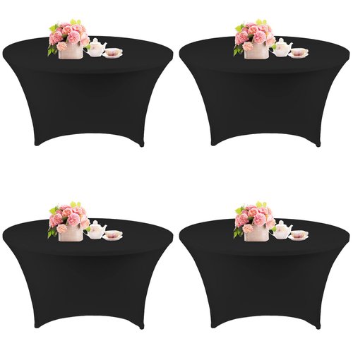 Fivenl 4 Pack 5FT Round Spandex Tablecloth, 60 Inch Black, Stretchable Table Cover, Washable and Wrinkle Resistant, Fitted Round Table for Wedding, Banquet, Birthday, Party, Restaurant