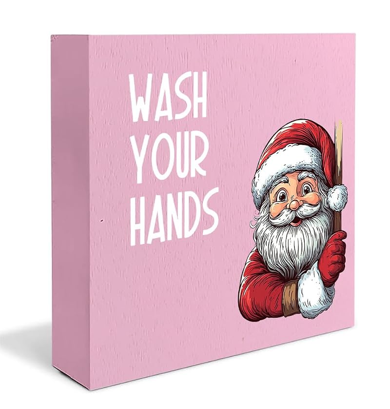 Funny Christmas Santa Bathroom Wood Box Sign – B Sign, 5x5 Pink