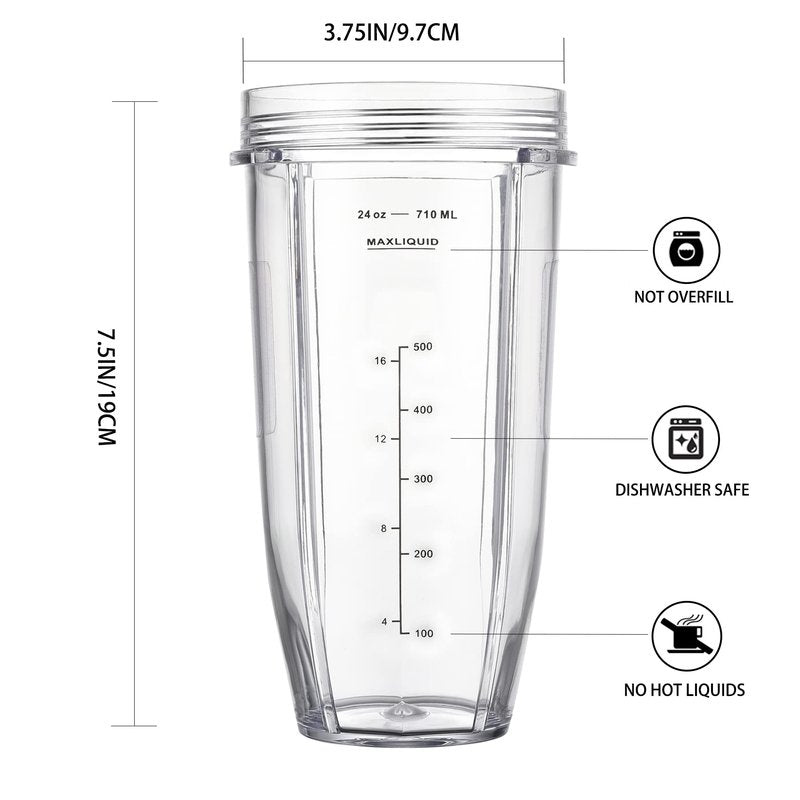 Replacement 24oz Cups for Nutri Ninja Blenders, Blender Replacement Parts with Upgraded Lid for BL450 BL454 BL480 BL482 BL640 BL642 BL682 BN801 SS101 SS351 SS401, Ninja Blender Auto IQ Blade, 2 Packs