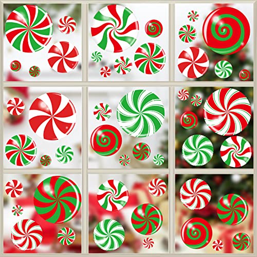 40PCS Christmas Candy Window Clings for Holiday Decor - Reusable Peppermint Stickers