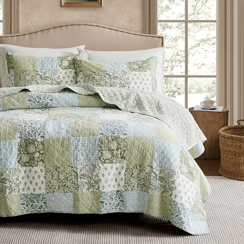 100% Cotton Reversible Quilt Set - Queen Size Floral Bedspread with 2 Shams