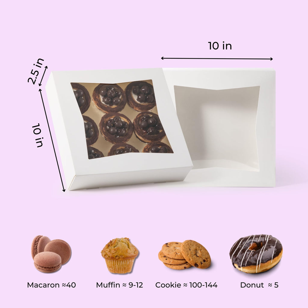 [25 Pack] Bakery / Pie Box with Window 10x10x2.5" - White Cardboard Packaging for Cupcake, Cookies and Pastry, Restaurant Containers And Personalized Favors