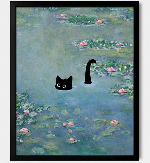 Hamduker Funny Black Cat Wall Art, Monet Art Water Lily Cat Wall Art Decor, Preppy Aesthetic Cat Posters for Bedroom Bathroom Living Room (Size: 16''x20''x1pcs)