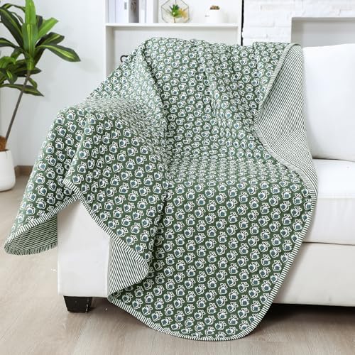 Reversible Cotton Block Print Throw Blanket - 60 x 90 Inches, Basil Green