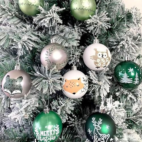 16ct Green Christmas Ball Ornaments Set with Gift Box – Shatterproof Forest Animal Theme, 2.4”