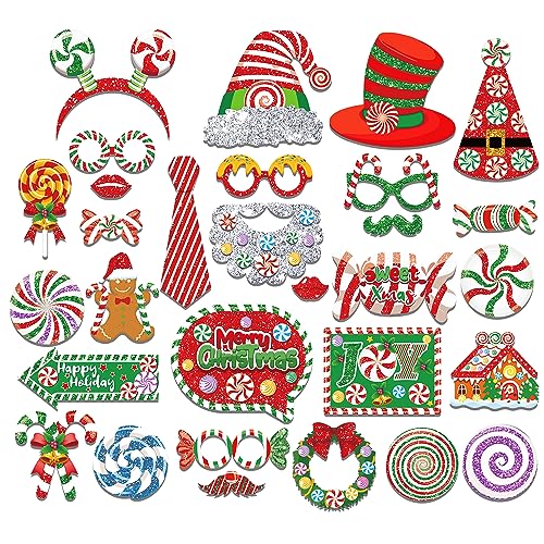 30Pcs Christmas Photo Booth Props Kit with Sticks – Merry Christmas Party Decorations